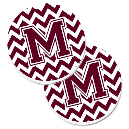 Carolines Treasures Letter M Chevron Maroon and White Set of 2 Cup Holder Car Coaster CJ1051-MCARC